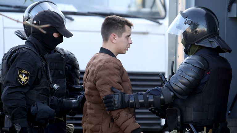 A man is arrested by Police on September 20, 2020 in Minsk on the sidelines of a demonstration called by opposition movement for an end to the regime of authoritarian leader Alexander Lukashenko. - Belarusian authorities brought today military trucks and barbed wire into central Minsk ahead of a planned opposition march, a day after police detained hundreds of women demonstrators. (Photo by - / TUT.BY / AFP) (Photo by -/TUT.BY/AFP via Getty Images) 