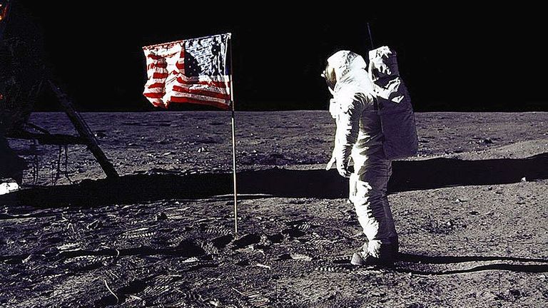 DC, UNITED STATES: This 20 July 1969 file photo released by NASA shows astronaut Edwin E. "Buzz" Aldrin, Jr. saluting the US flag on the surface of the Moon during the Apollo 11 lunar mission. The 20th July 1999 marks the 30th anniversary of the Apollo 11 mission and man's first walk on the Moon. AFP PHOTO NASA (Photo credit should read NASA/AFP via Getty Images) 