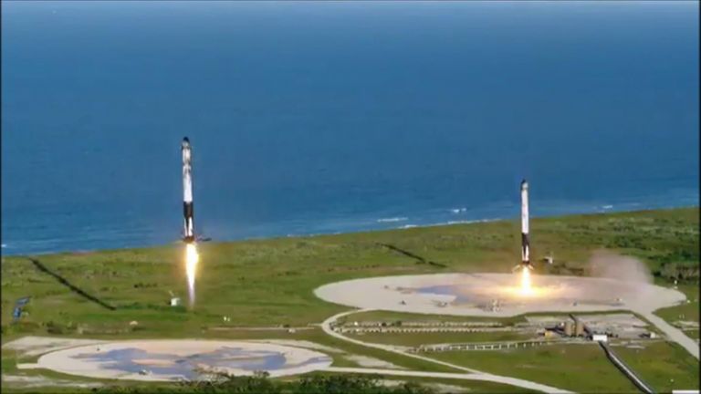 SpaceX shared this video showing the rocket’s two reusable boosters successfully touching down after the launch.