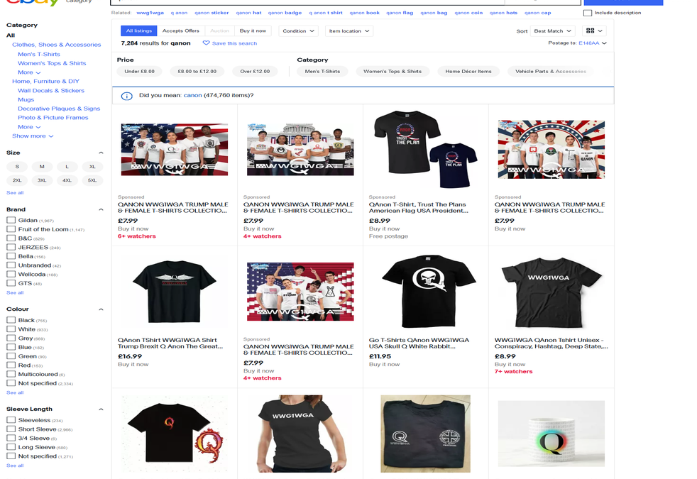 Qanon products including neck warmers and earrings available on eBay as conspiracy theory spreads