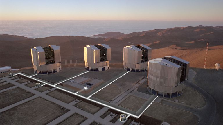 The VLT in the Atacama, overlooking the Pacific Ocean. Pic: ESO